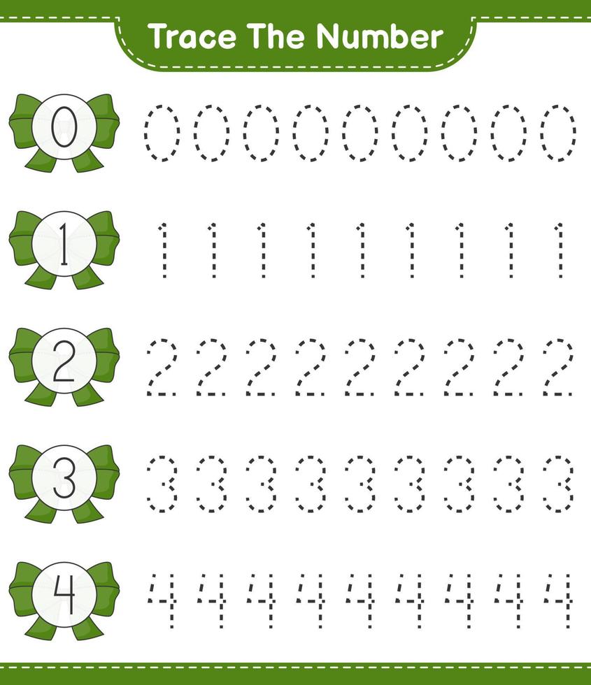 Trace the number. Tracing number with Ribbon. Educational children game, printable worksheet, vector illustration