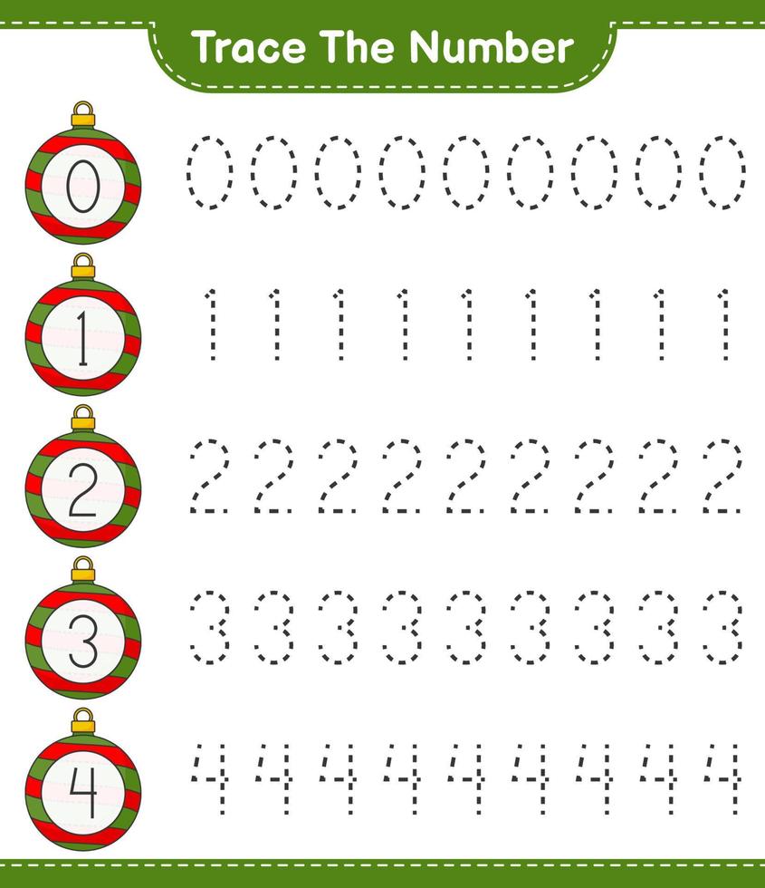 Trace the number. Tracing number with Christmas Ball. Educational children game, printable worksheet, vector illustration