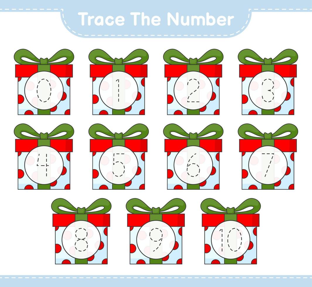 Trace the number. Tracing number with Gift Box. Educational children game, printable worksheet, vector illustration