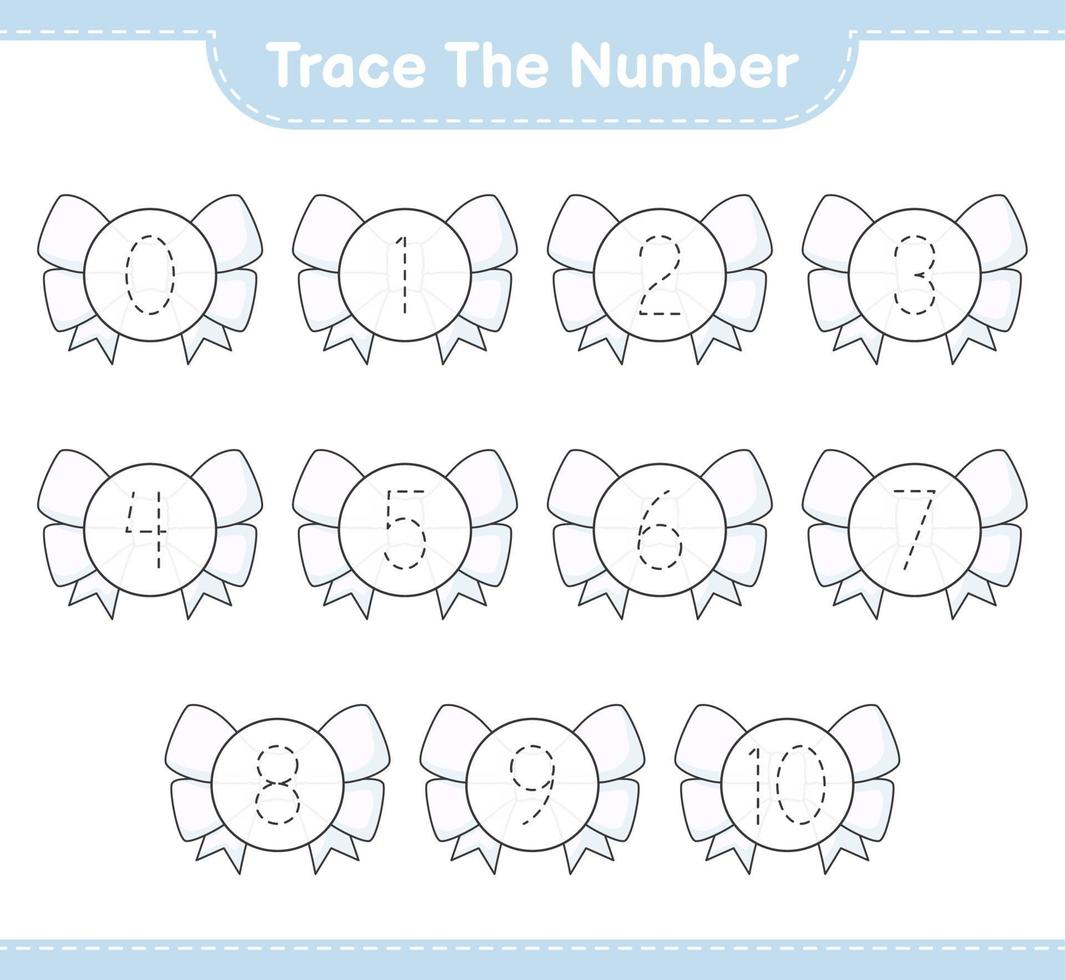 Trace the number. Tracing number with Ribbon. Educational children game, printable worksheet, vector illustration