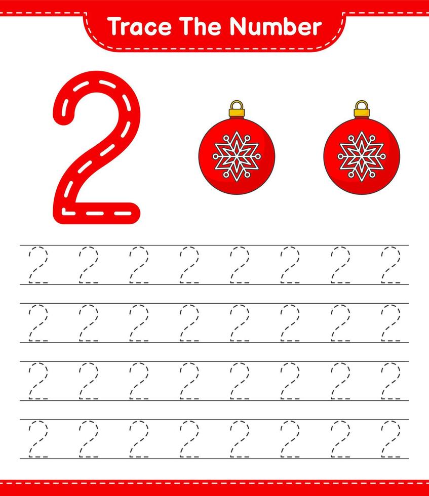 Trace the number. Tracing number with Christmas Ball. Educational children game, printable worksheet, vector illustration