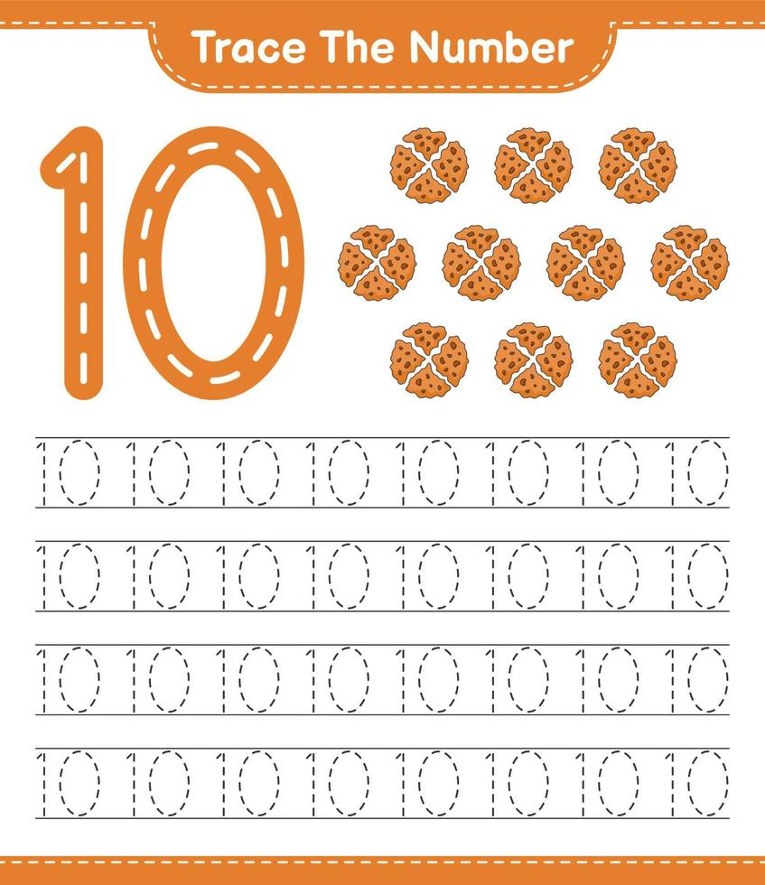 Trace the number. Tracing number with Cookie. Educational children game, printable worksheet, vector illustration