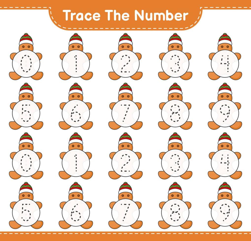 Trace the number. Tracing number with Gingerbread Man. Educational children game, printable worksheet, vector illustration
