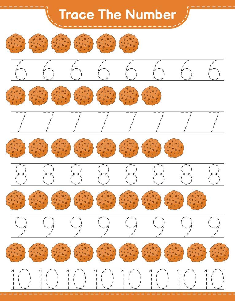 rastrear el número. número de rastreo con cookie. juego educativo para niños, hoja de cálculo imprimible, ilustración vectorial vector