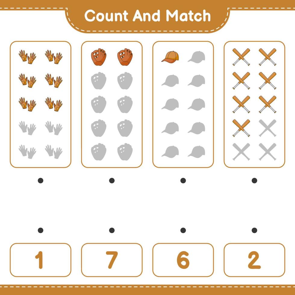 Count and match, count the number of Baseball Glove, Golf Gloves, Cap Hat, Baseball Bat and match with the right numbers. Educational children game, printable worksheet, vector illustration