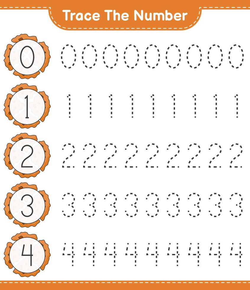 Trace the number. Tracing number with Cookie. Educational children game, printable worksheet, vector illustration