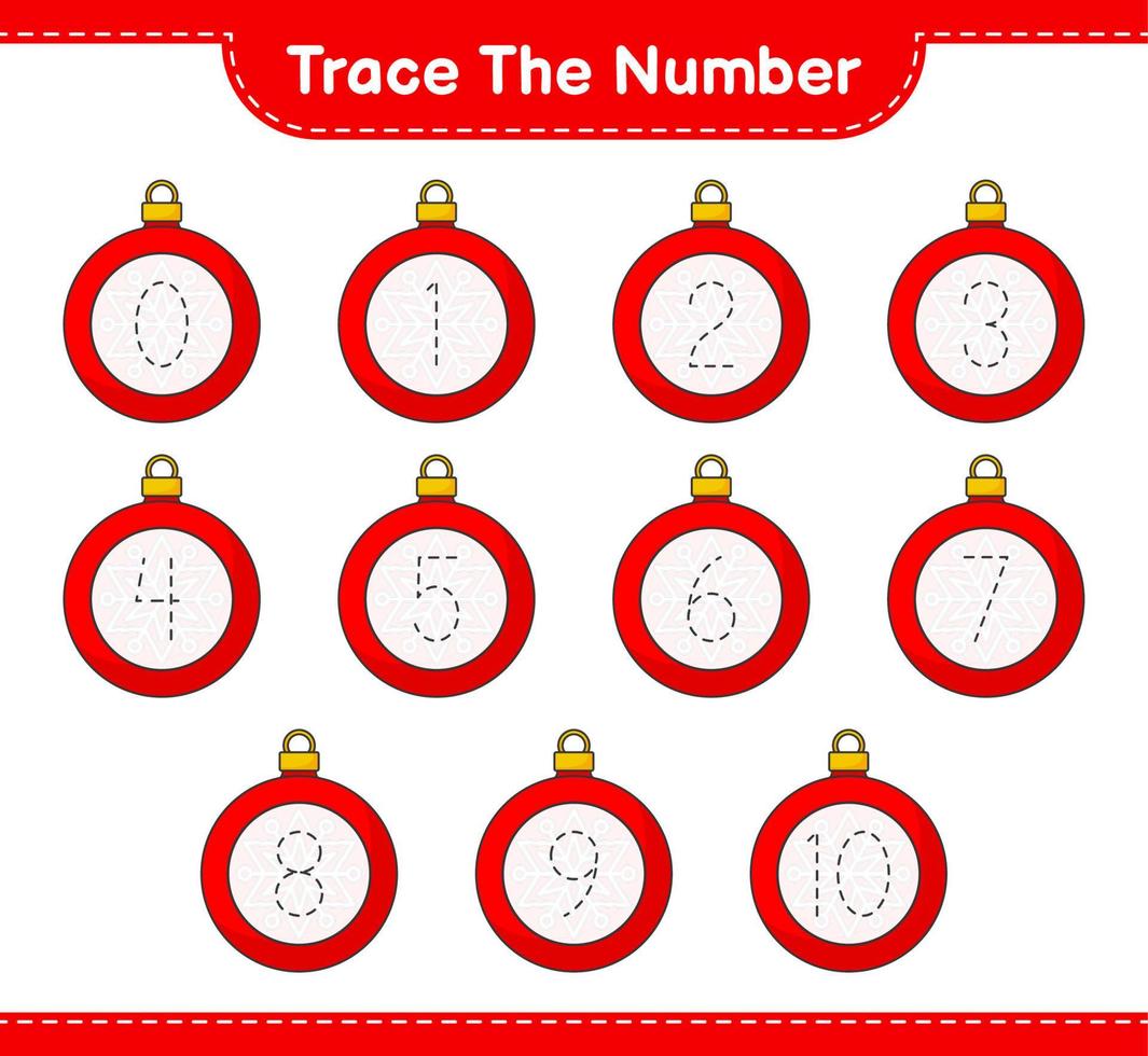 Trace the number. Tracing number with Christmas Ball. Educational children game, printable worksheet, vector illustration