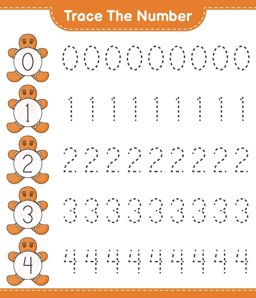 Trace the number. Tracing number with Gingerbread Man. Educational children game, printable worksheet, vector illustration