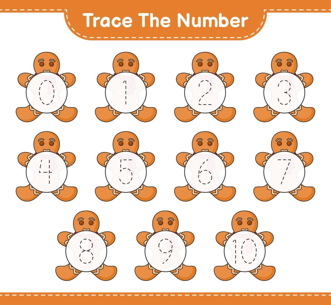 Trace the number. Tracing number with Gingerbread Man. Educational children game, printable worksheet, vector illustration