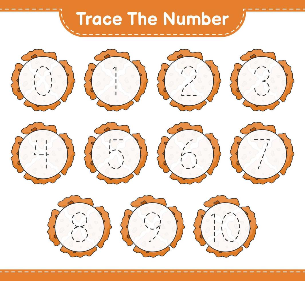 Trace the number. Tracing number with Cookie. Educational children game, printable worksheet, vector illustration