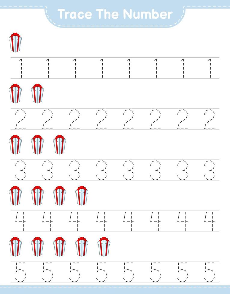 Trace the number. Tracing number with Gift Box. Educational children game, printable worksheet, vector illustration