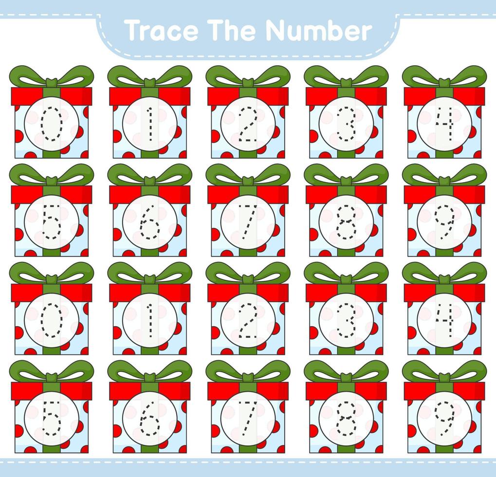 Trace the number. Tracing number with Gift Box. Educational children game, printable worksheet, vector illustration