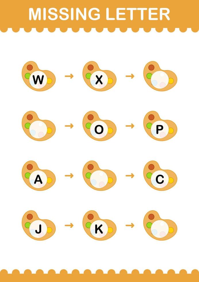 Missing letter with Art Palette. Worksheet for kids vector