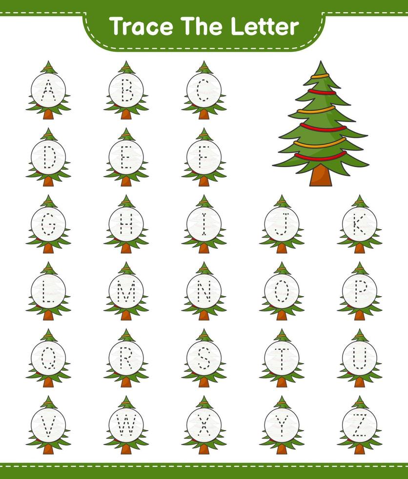 Trace the letter. Tracing letter alphabet with Christmas Tree. Educational children game, printable worksheet, vector illustration