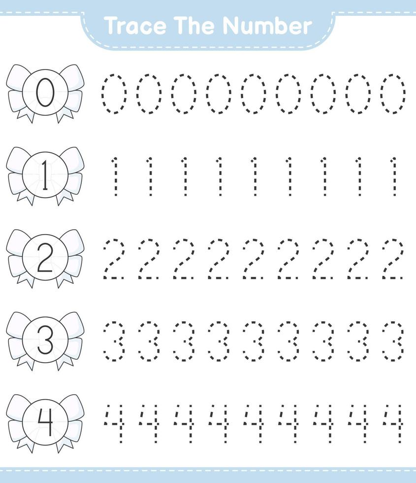 Trace the number. Tracing number with Ribbon. Educational children game, printable worksheet, vector illustration