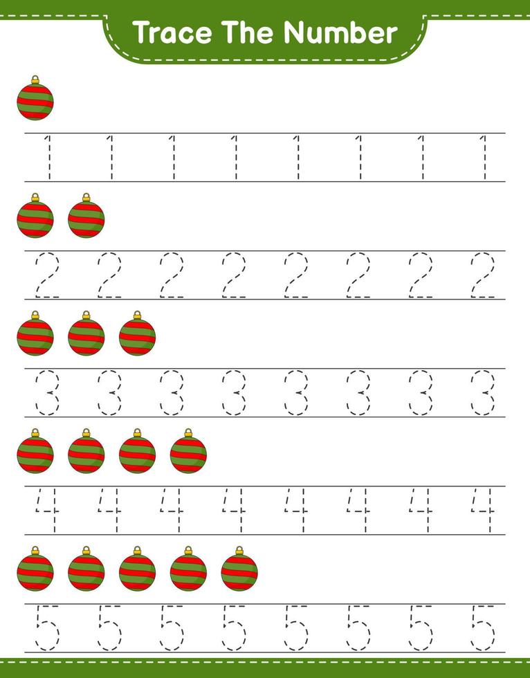 Trace the number. Tracing number with Christmas Ball. Educational children game, printable worksheet, vector illustration