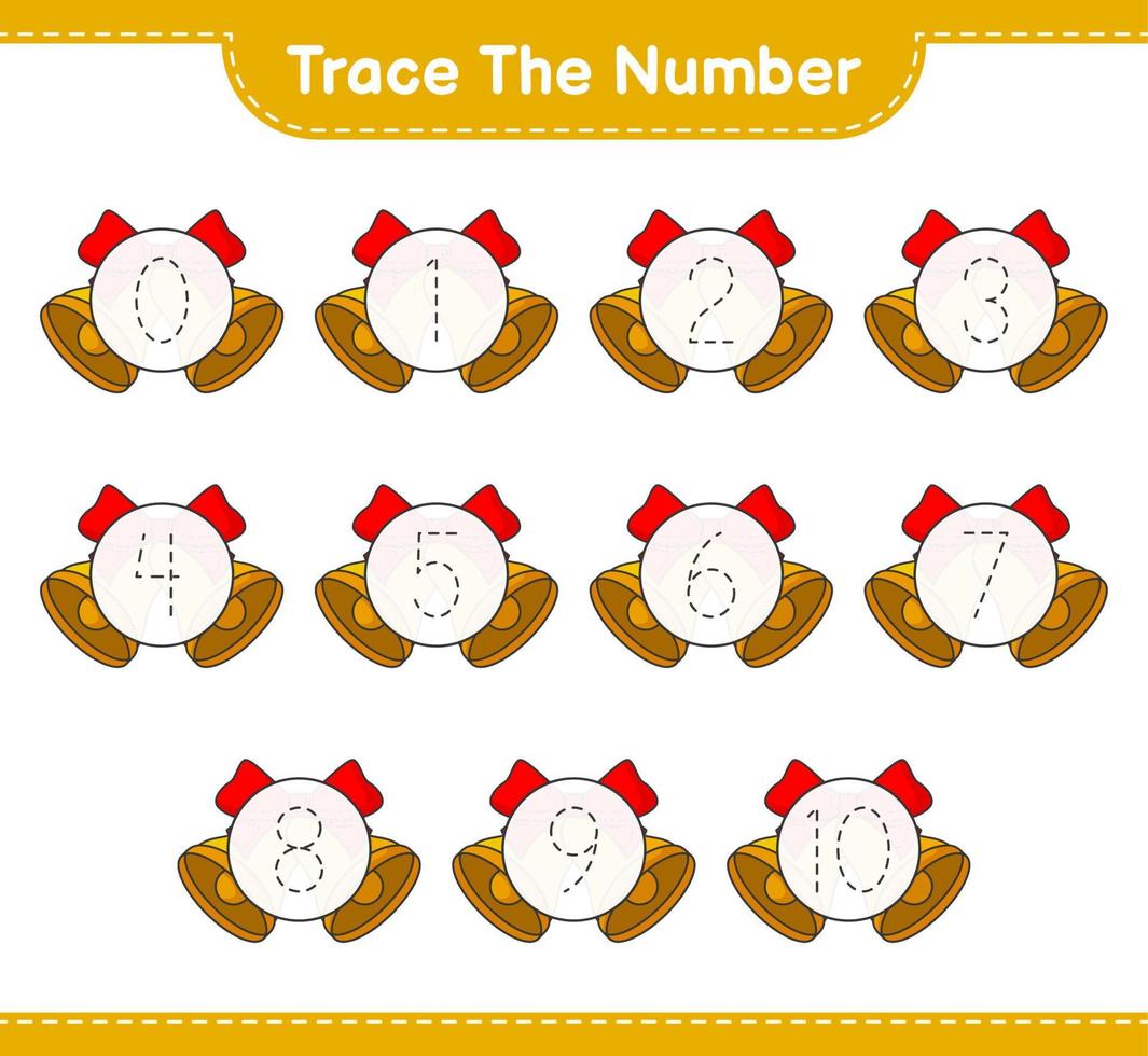 Trace the number. Tracing number with Christmas Bell. Educational children game, printable worksheet, vector illustration