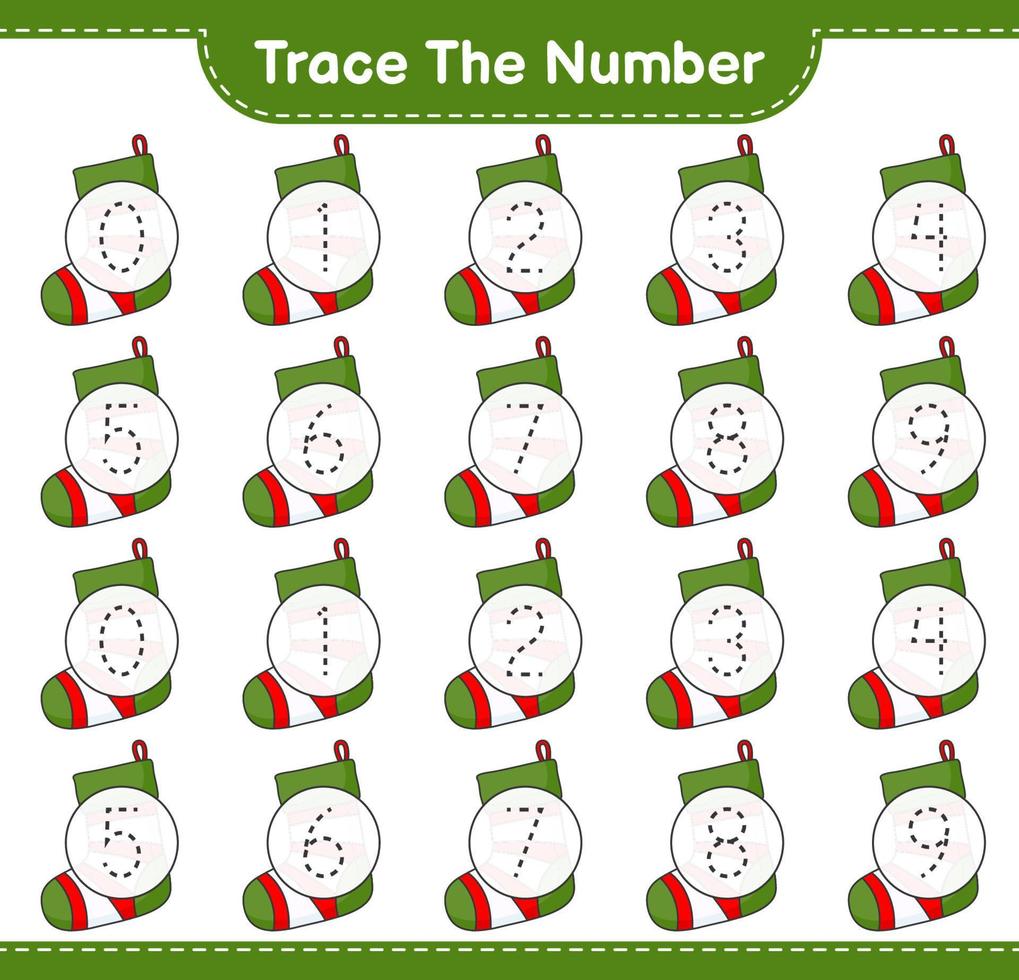 Trace the number. Tracing number with Christmas Sock. Educational children game, printable worksheet, vector illustration