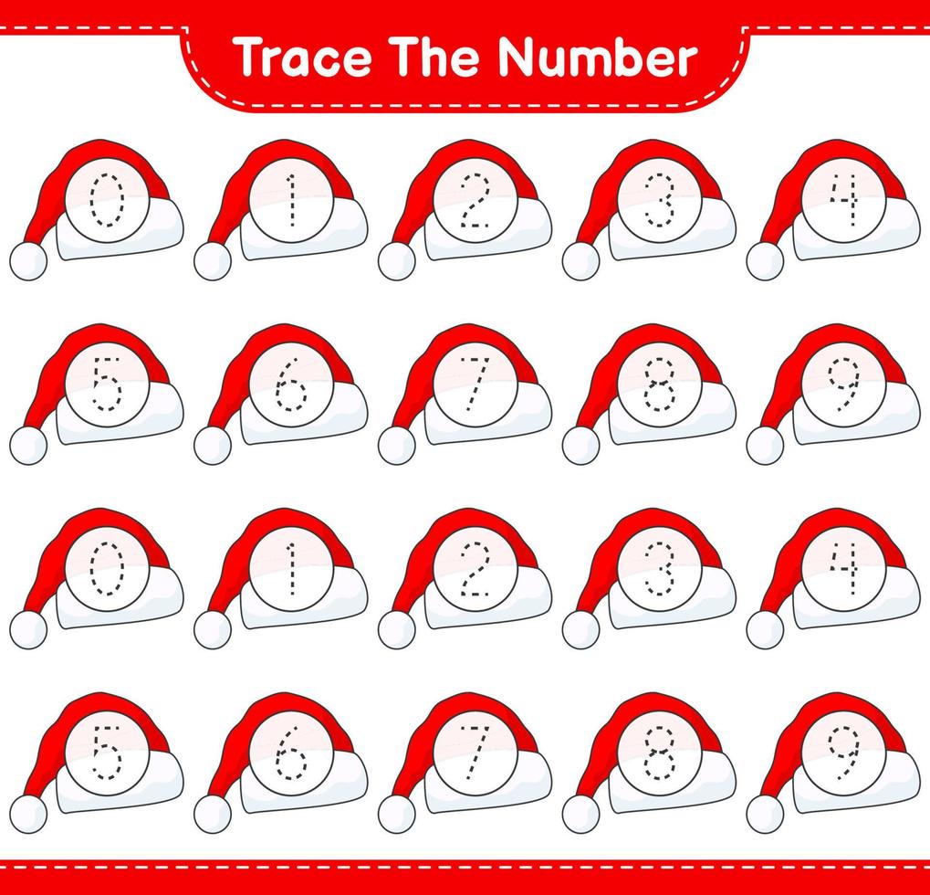 Trace the number. Tracing number with Santa Hat. Educational children game, printable worksheet, vector illustration