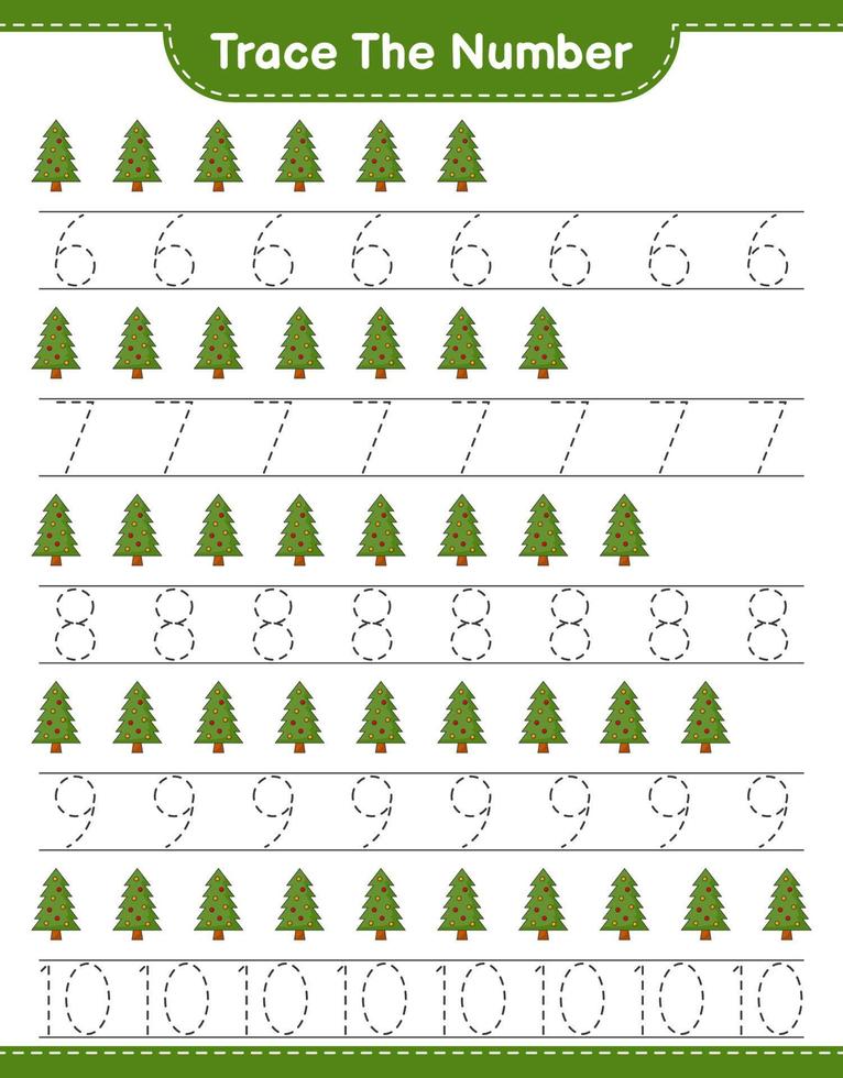 Trace the number. Tracing number with Christmas Tree. Educational children game, printable worksheet, vector illustration