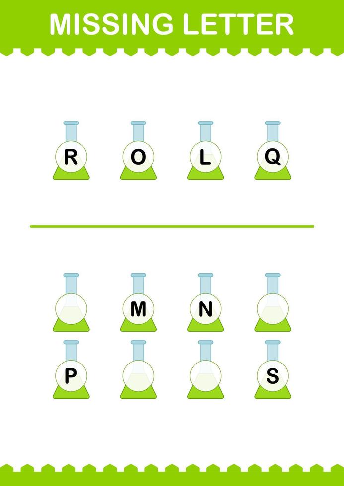 Missing letter with Erlenmeyer Flask. Worksheet for kids vector