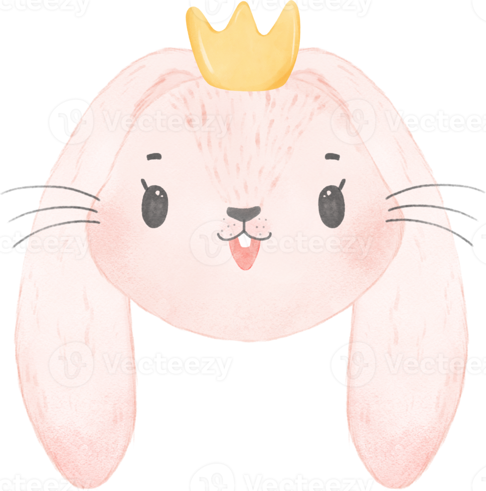 cute rabbit bunny face head wearing crown  watercolor png