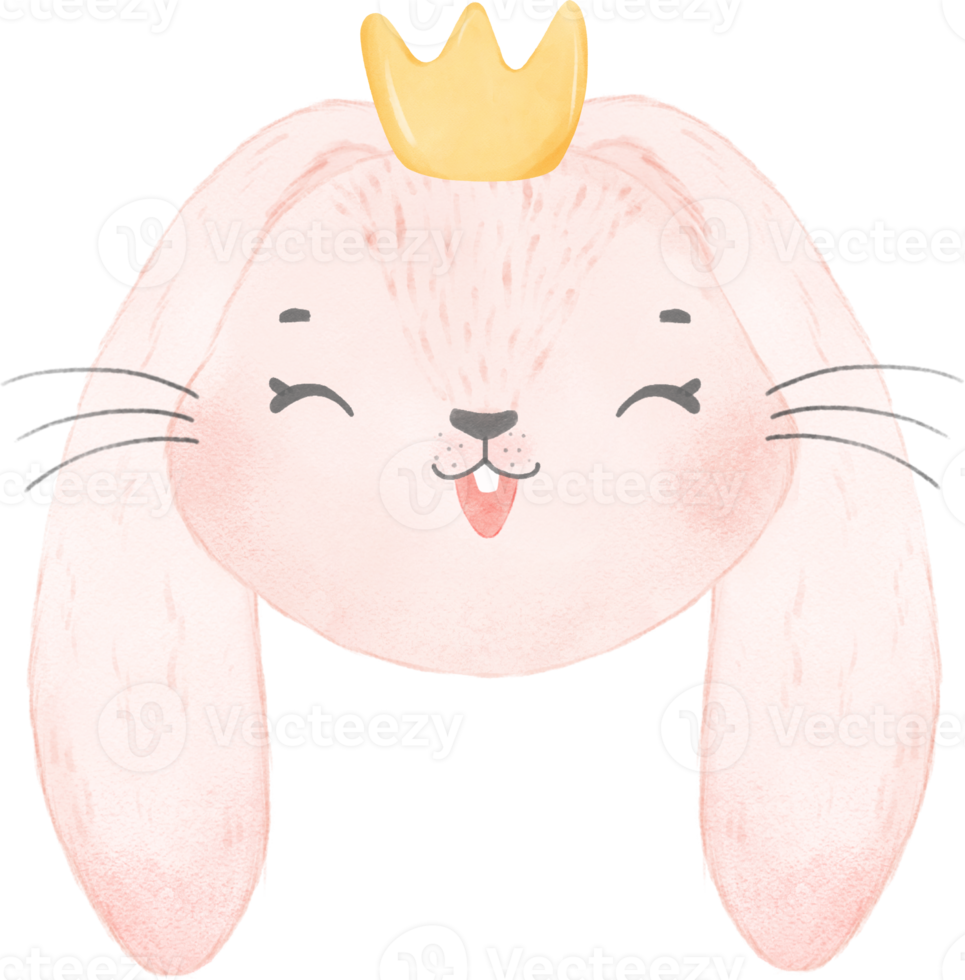 cute rabbit bunny face head wearing crown  watercolor png