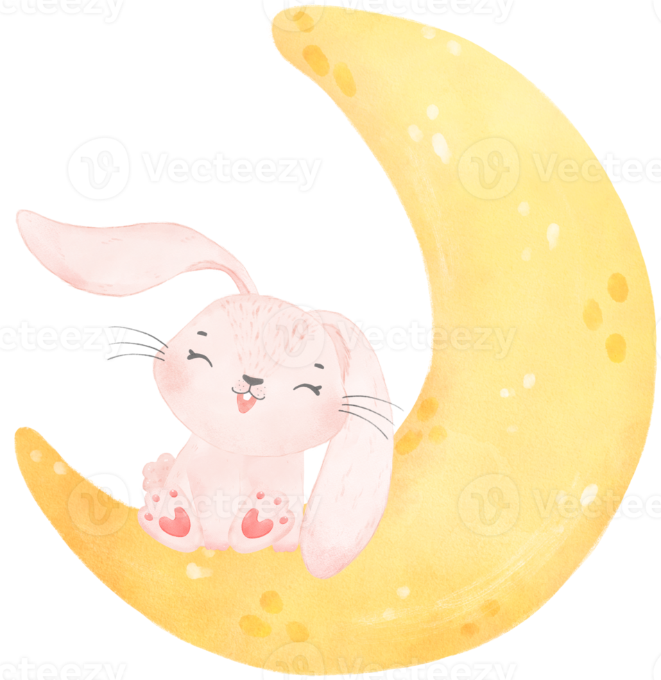 mignon bébé lapin sur l'aquarelle du croissant de lune png