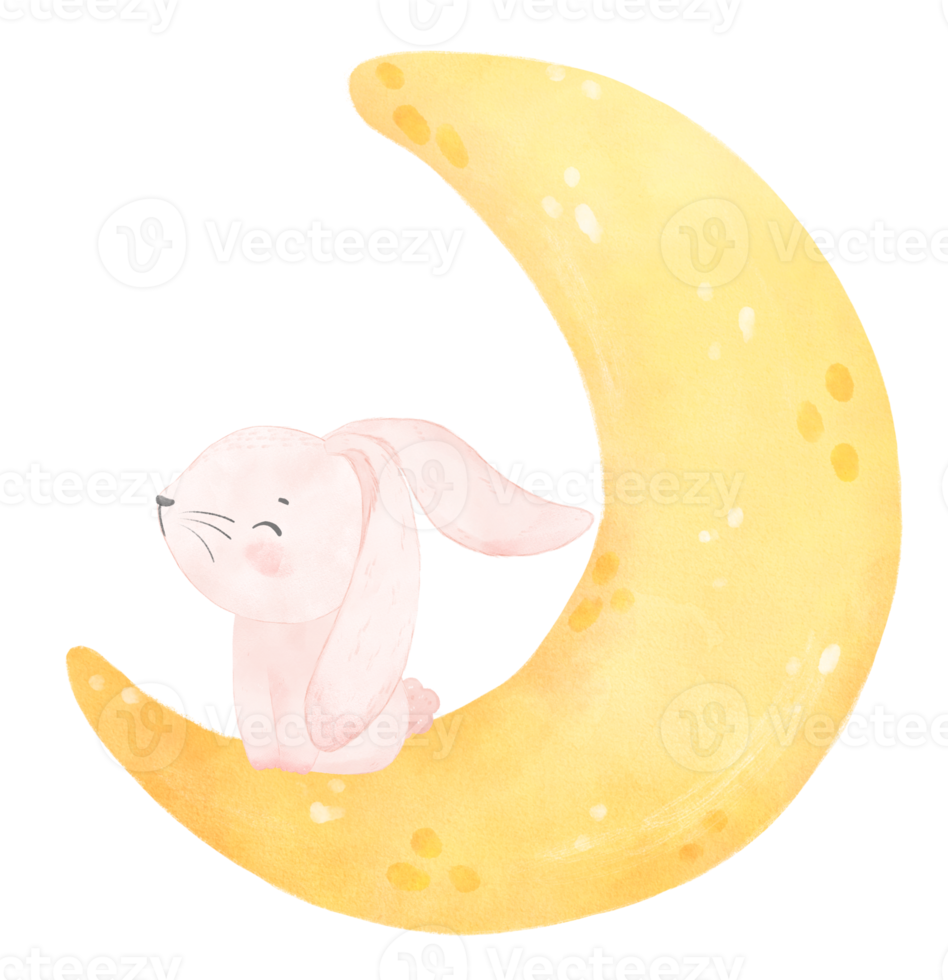 cute baby bunny rabbit on the crescent moon watercolor png