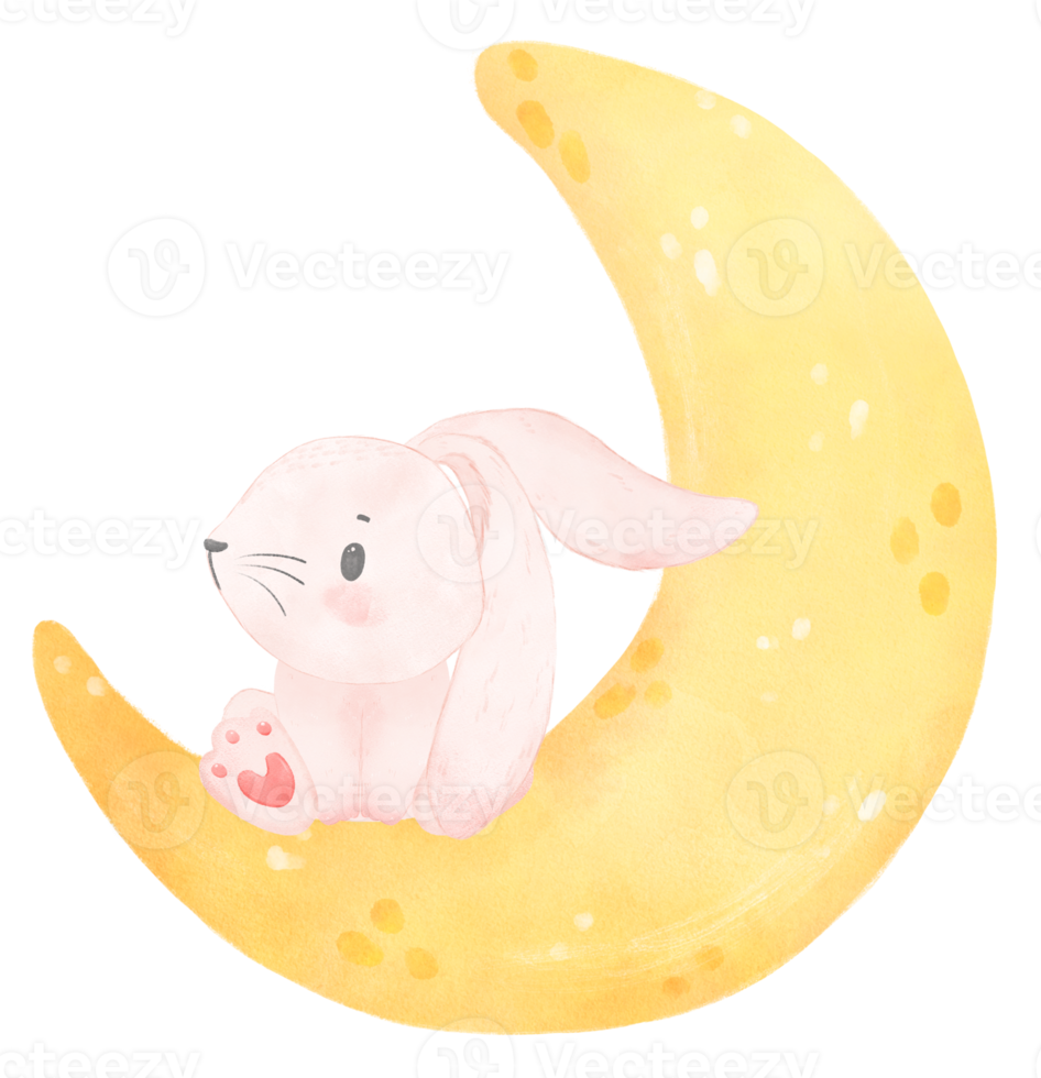 cute baby bunny rabbit on the crescent moon watercolor png