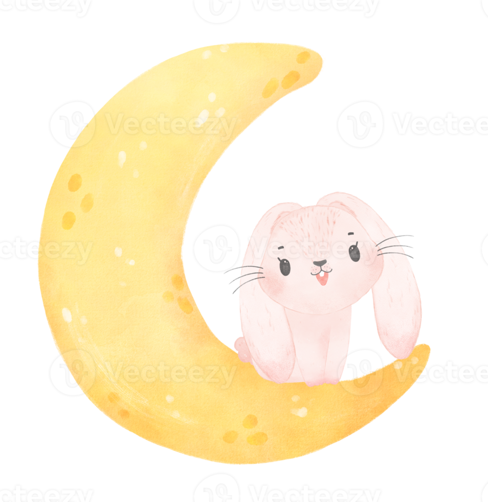 cute baby bunny rabbit on the crescent moon watercolor png