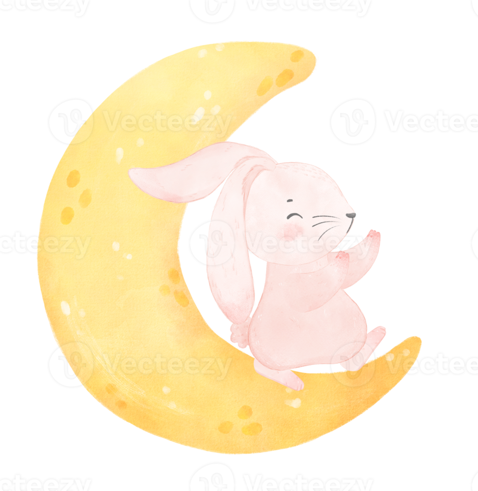 cute baby bunny rabbit on the crescent moon watercolor png