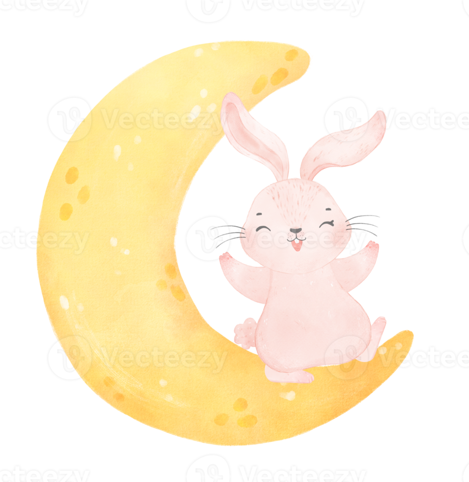 cute baby bunny rabbit on the crescent moon watercolor png