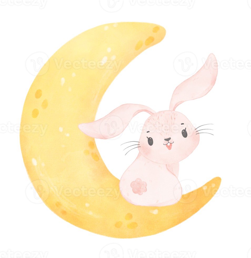 cute baby bunny rabbit on the crescent moon watercolor png