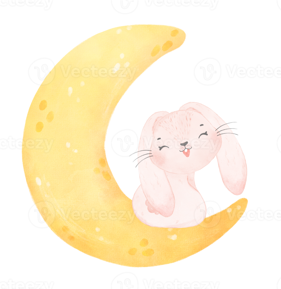 cute baby bunny rabbit on the crescent moon watercolor png