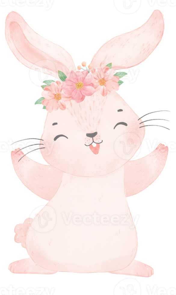 mignon bébé princesse douce lapin rose avec couronne florale aquarelle png