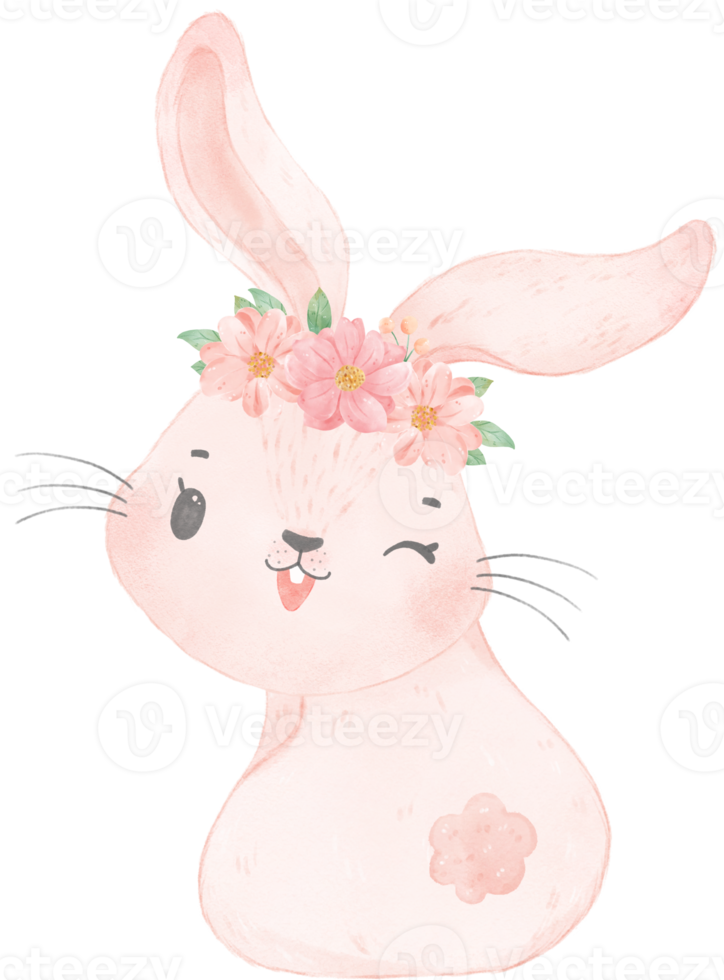 cute sweet princess baby pink bunny rabbit with floral crown watercolor png