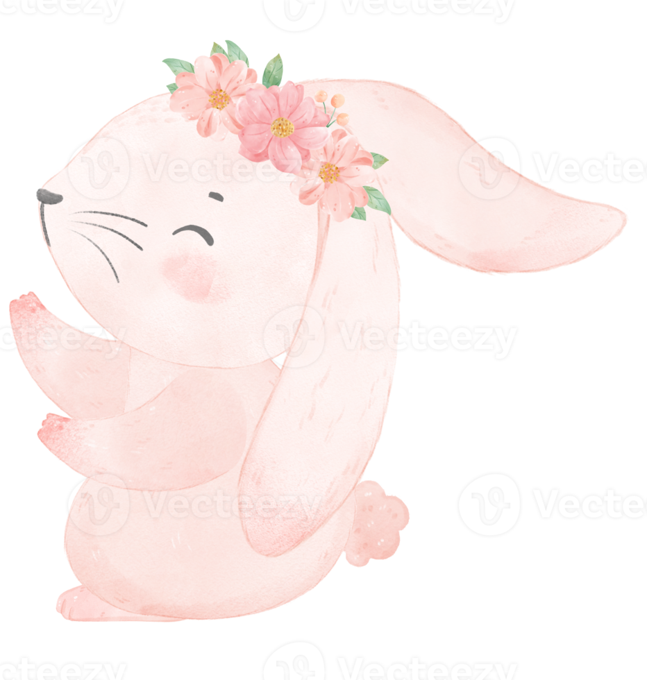 cute sweet princess baby pink bunny rabbit with floral crown watercolor png