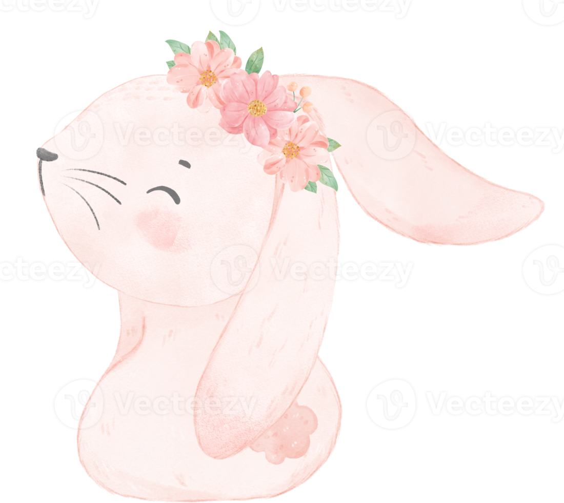 mignon bébé princesse douce lapin rose avec couronne florale aquarelle png