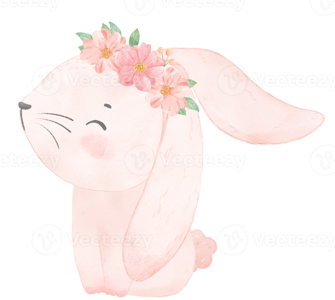 mignon bébé princesse douce lapin rose avec couronne florale aquarelle png