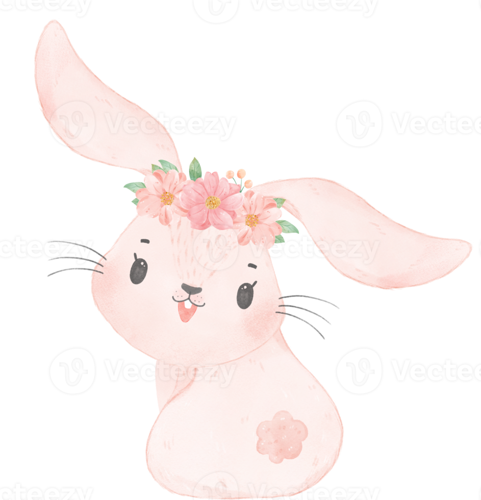 mignon bébé princesse douce lapin rose avec couronne florale aquarelle png