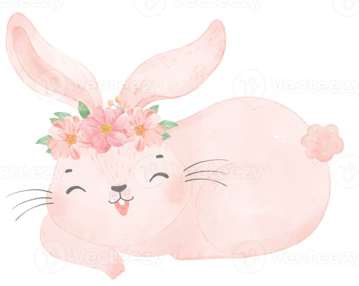 mignon bébé princesse douce lapin rose avec couronne florale aquarelle png