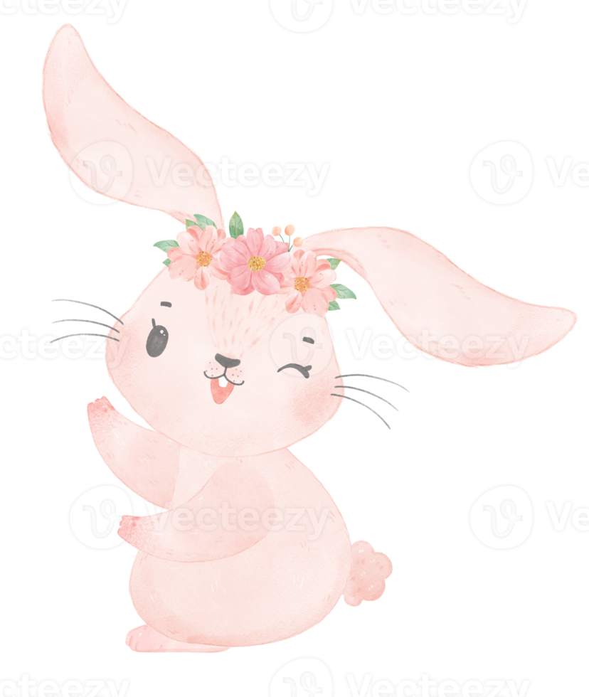 cute sweet princess baby pink bunny rabbit with floral crown watercolor png