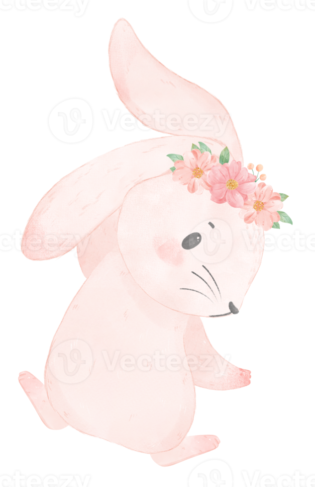 cute sweet princess baby pink bunny rabbit with floral crown watercolor png