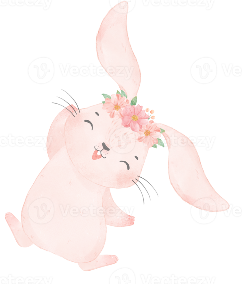 mignon bébé princesse douce lapin rose avec couronne florale aquarelle png