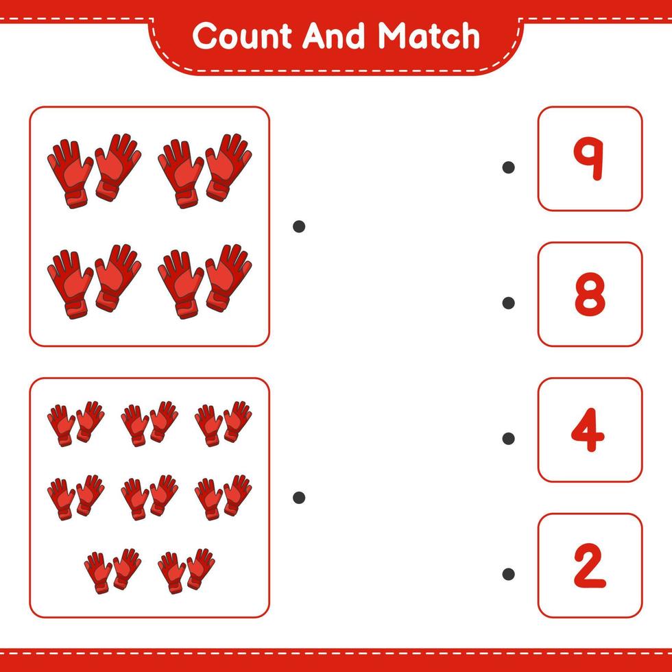 cuenta y empareja, cuenta el número de guantes de portero y empareja con los números correctos. juego educativo para niños, hoja de cálculo imprimible, ilustración vectorial vector