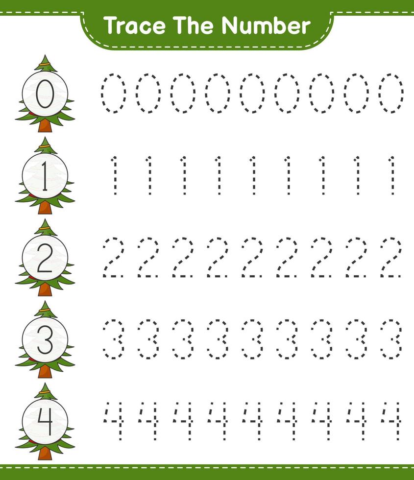 Trace the number. Tracing number with Christmas Tree. Educational children game, printable worksheet, vector illustration