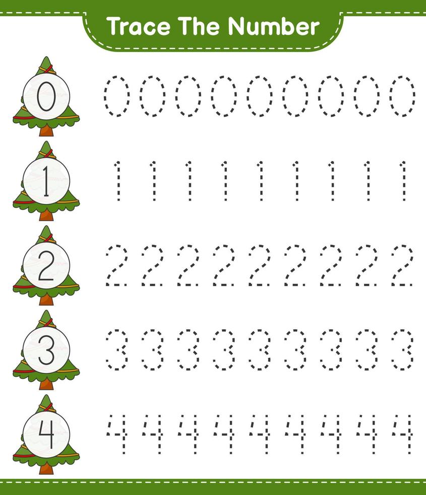Trace the number. Tracing number with Christmas Tree. Educational children game, printable worksheet, vector illustration