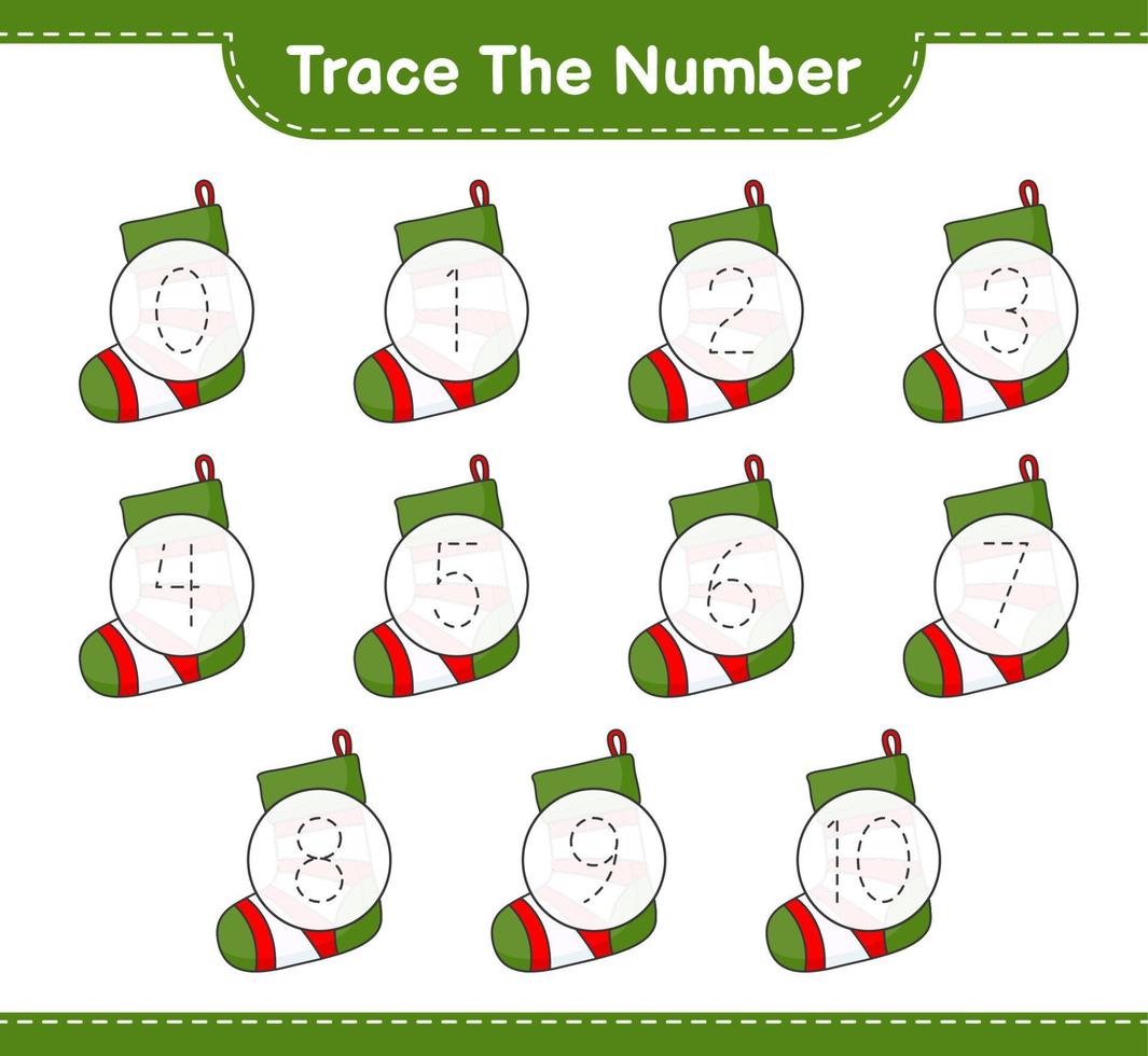 Trace the number. Tracing number with Christmas Sock. Educational children game, printable worksheet, vector illustration