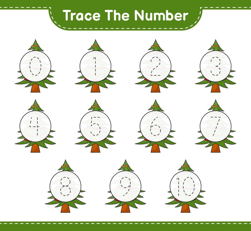 Trace the number. Tracing number with Christmas Tree. Educational children game, printable worksheet, vector illustration